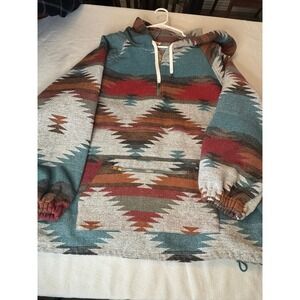 Western Southwestern Aztec Woven Hoodie Quarter Zip Teal Rust Boho Pullover